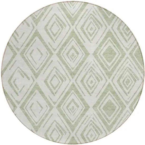 8' Artichoke Green And Ivory Round Geometric Washable Indoor Outdoor Area Rug Photo 2