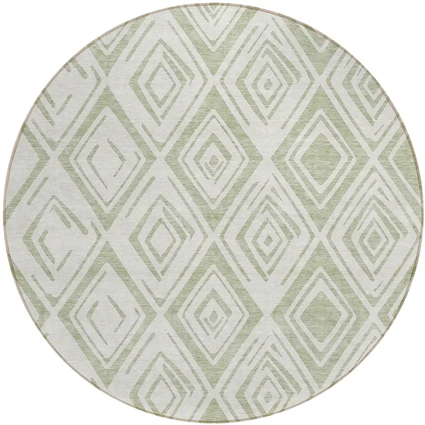 8' Artichoke Green And Ivory Round Geometric Washable Indoor Outdoor Area Rug Photo 2