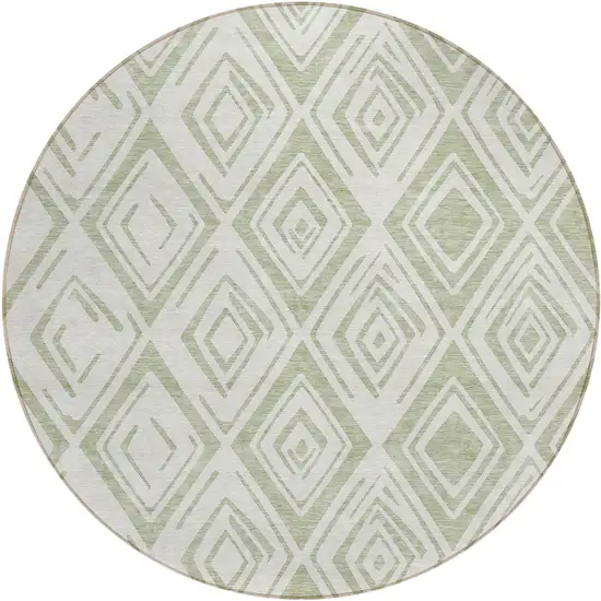 8' Artichoke Green And Ivory Round Geometric Washable Indoor Outdoor Area Rug Photo 2