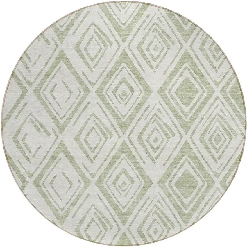 8' Artichoke Green And Ivory Round Geometric Washable Indoor Outdoor Area Rug Photo 2