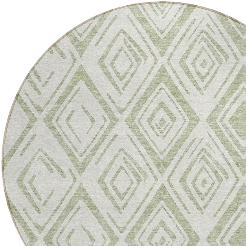8' Artichoke Green And Ivory Round Geometric Washable Indoor Outdoor Area Rug Photo 4