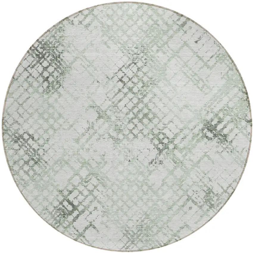 8' Artichoke Green And Ivory Round Geometric Washable Indoor Outdoor Area Rug Photo 2
