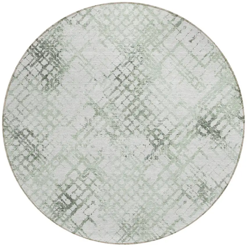 8' Artichoke Green And Ivory Round Geometric Washable Indoor Outdoor Area Rug Photo 5