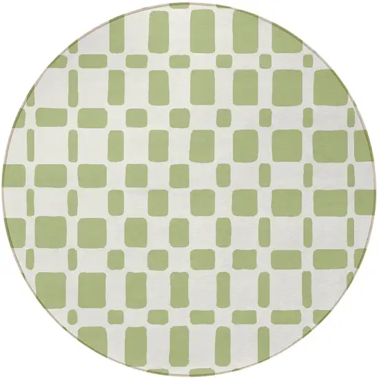 8' Artichoke Green And Ivory Round Geometric Washable Indoor Outdoor Area Rug Photo 5