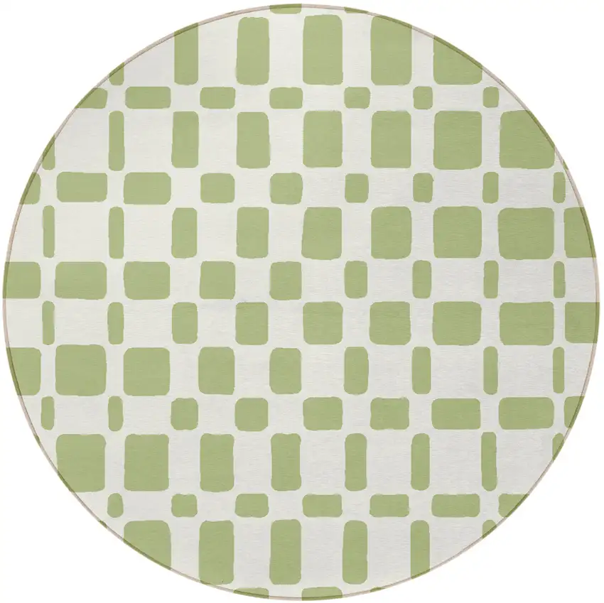 8' Artichoke Green And Ivory Round Geometric Washable Indoor Outdoor Area Rug Photo 5
