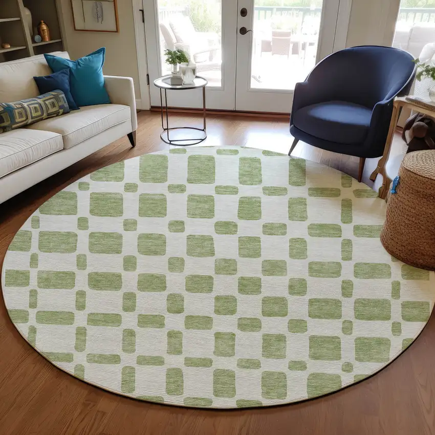 8' Artichoke Green And Ivory Round Geometric Washable Indoor Outdoor Area Rug Photo 7