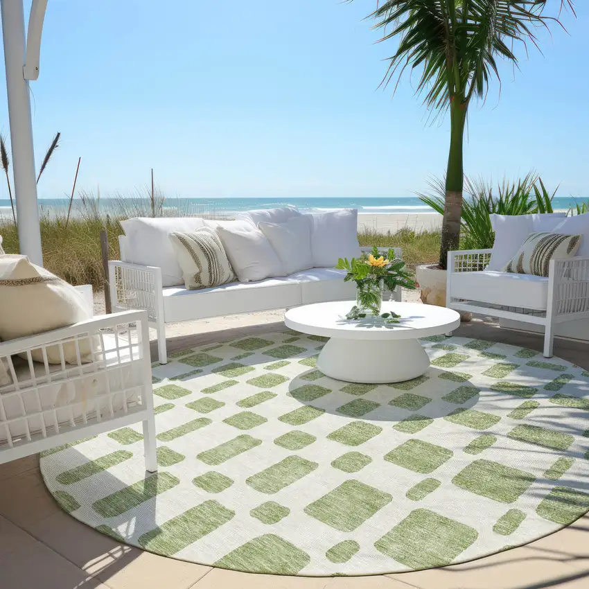 8' Artichoke Green And Ivory Round Geometric Washable Indoor Outdoor Area Rug Photo 6