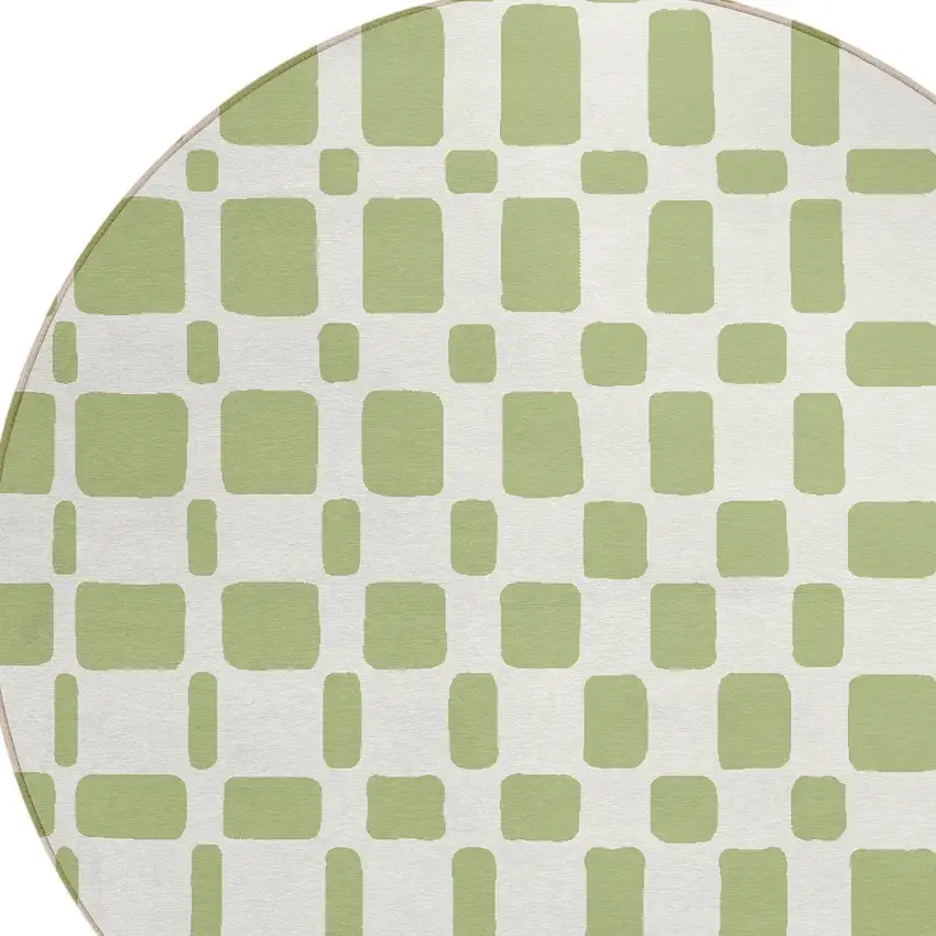 8' Artichoke Green And Ivory Round Geometric Washable Indoor Outdoor Area Rug Photo 4