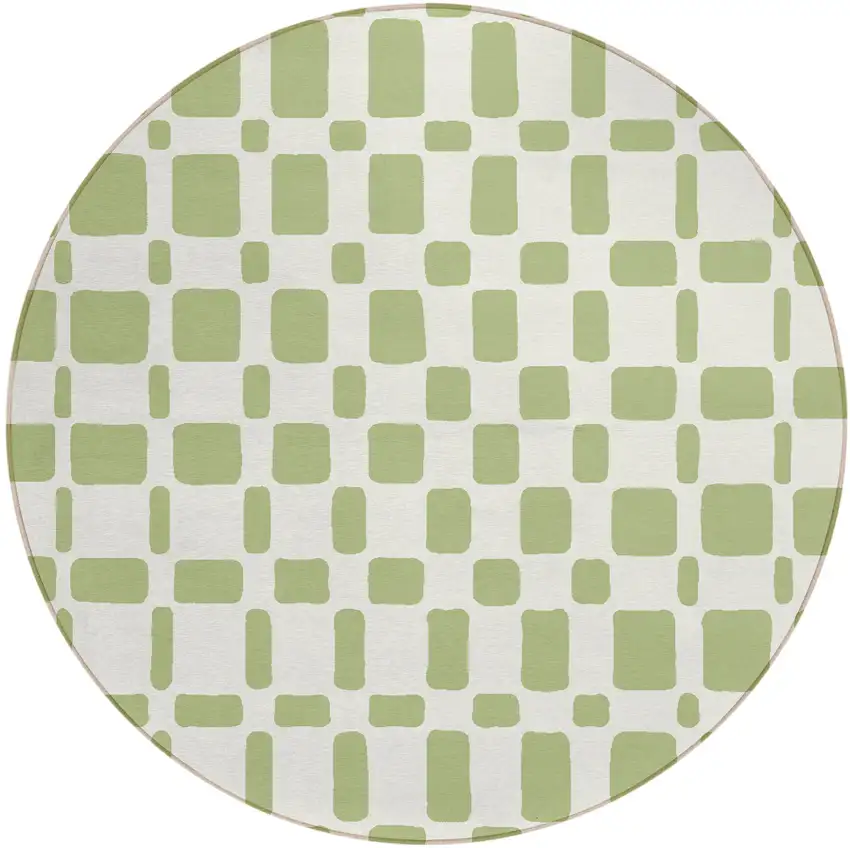 8' Artichoke Green And Ivory Round Geometric Washable Indoor Outdoor Area Rug Photo 2