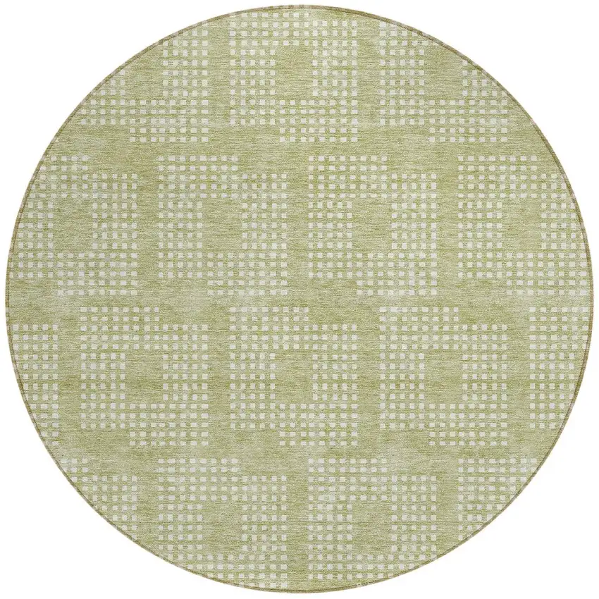 8' Artichoke Green And Ivory Round Geometric Washable Indoor Outdoor Area Rug Photo 5