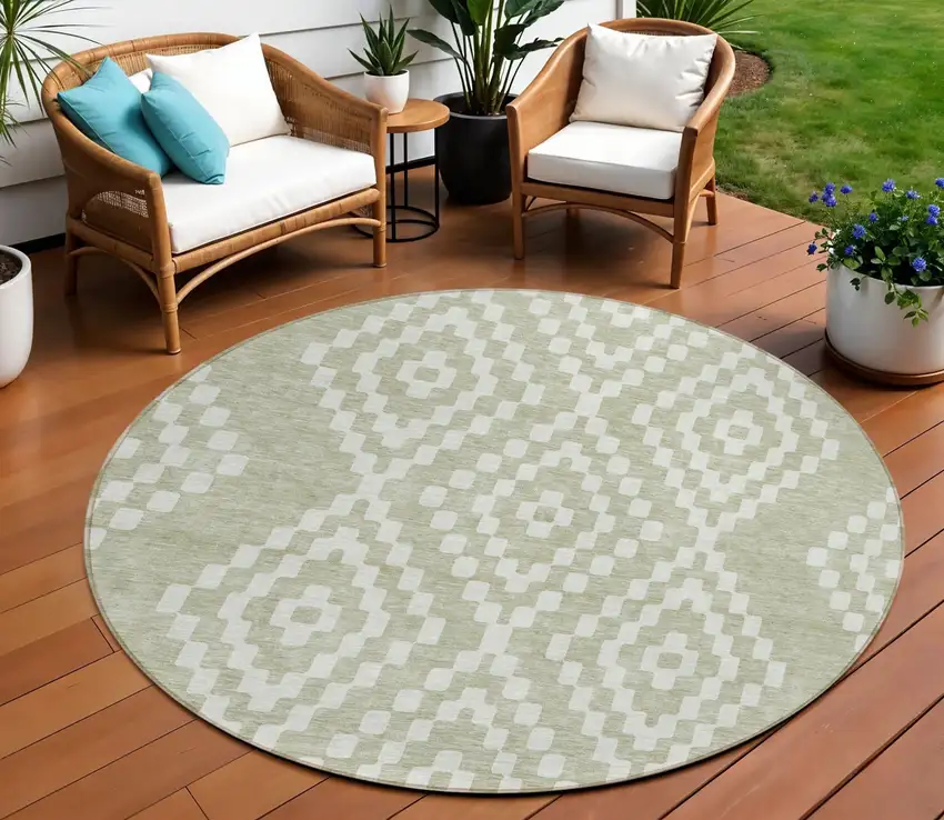 8' Artichoke Green And Ivory Round Geometric Washable Indoor Outdoor Area Rug Photo 1