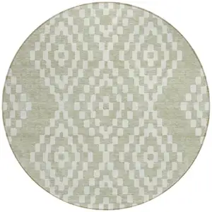 Photo of 8' Artichoke Green And Ivory Round Geometric Washable Indoor Outdoor Area Rug