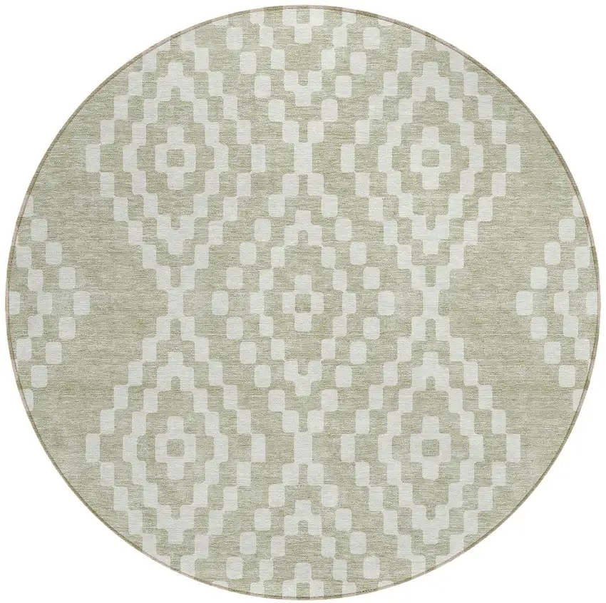 8' Artichoke Green And Ivory Round Geometric Washable Indoor Outdoor Area Rug Photo 6