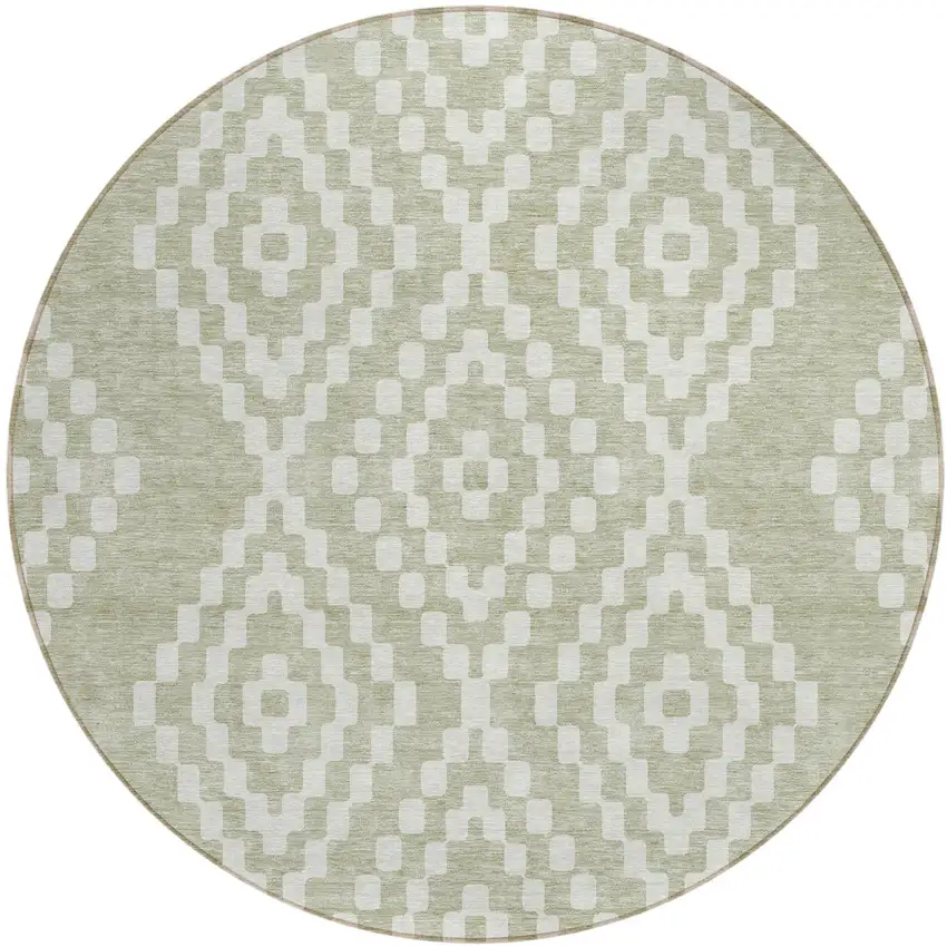 8' Artichoke Green And Ivory Round Geometric Washable Indoor Outdoor Area Rug Photo 2