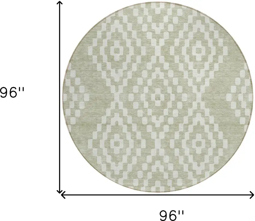8' Artichoke Green And Ivory Round Geometric Washable Indoor Outdoor Area Rug Photo 3