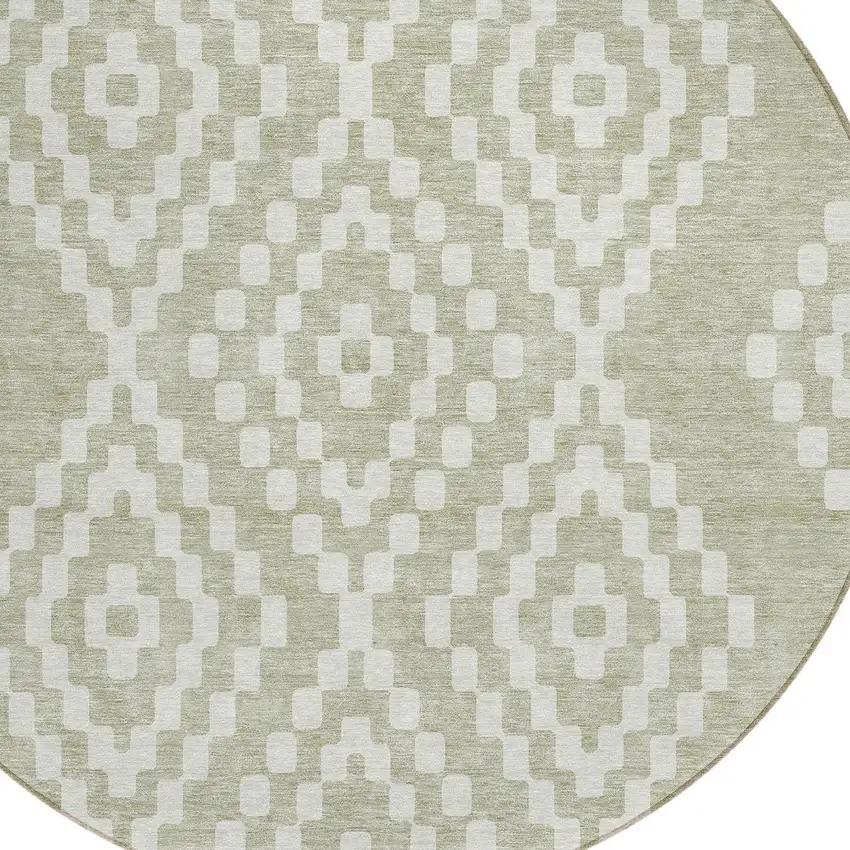 8' Artichoke Green And Ivory Round Geometric Washable Indoor Outdoor Area Rug Photo 5