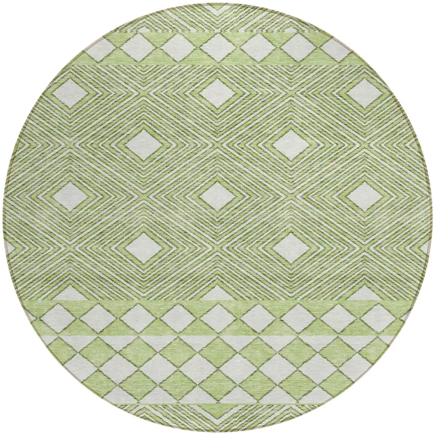 8' Artichoke Green And Ivory Round Geometric Washable Indoor Outdoor Area Rug Photo 2