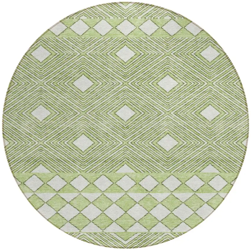 8' Artichoke Green And Ivory Round Geometric Washable Indoor Outdoor Area Rug Photo 5