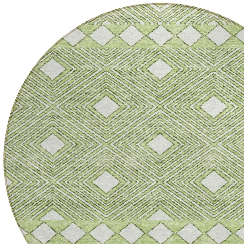 8' Artichoke Green And Ivory Round Geometric Washable Indoor Outdoor Area Rug Photo 4