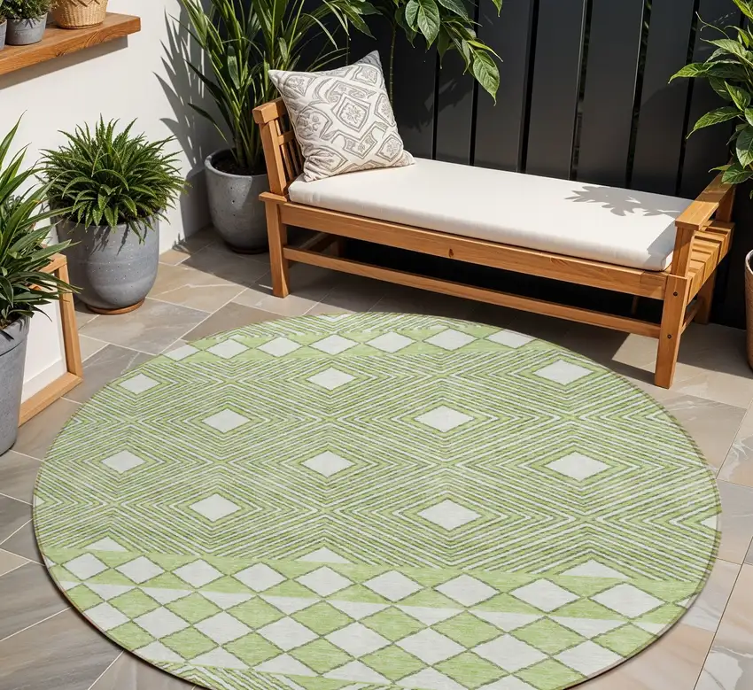 8' Artichoke Green And Ivory Round Geometric Washable Indoor Outdoor Area Rug Photo 1
