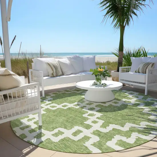 8' Artichoke Green And Ivory Round Geometric Washable Indoor Outdoor Area Rug Photo 6