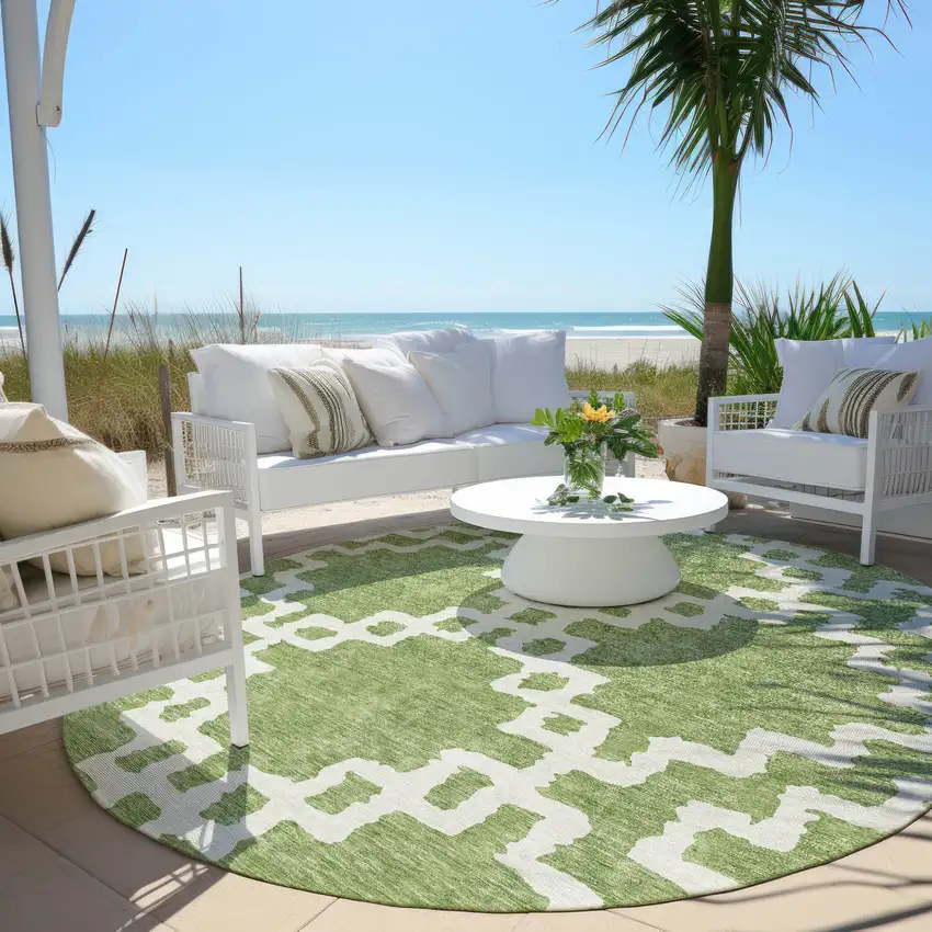 8' Artichoke Green And Ivory Round Geometric Washable Indoor Outdoor Area Rug Photo 6