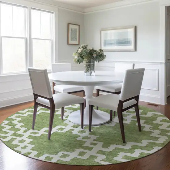 8' Artichoke Green And Ivory Round Geometric Washable Indoor Outdoor Area Rug Photo 7