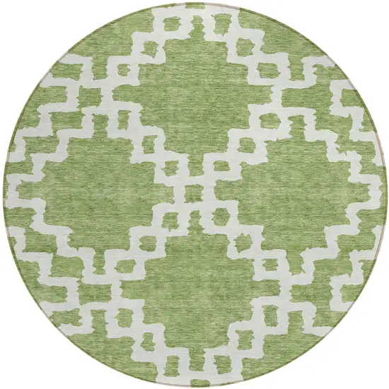 8' Artichoke Green And Ivory Round Geometric Washable Indoor Outdoor Area Rug Photo 2