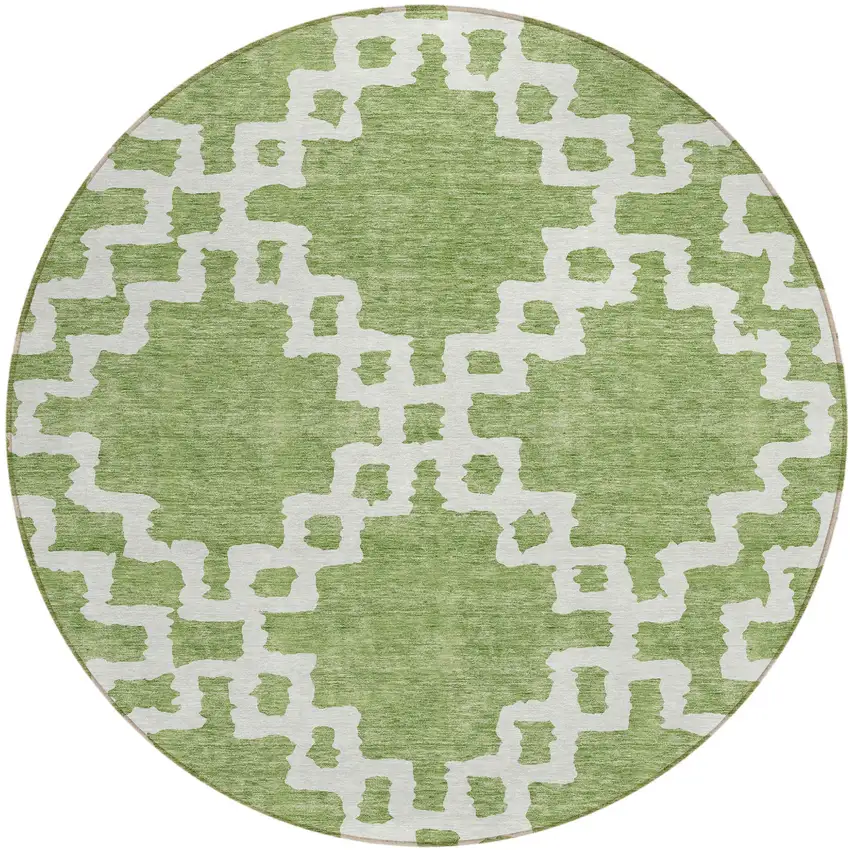 8' Artichoke Green And Ivory Round Geometric Washable Indoor Outdoor Area Rug Photo 2