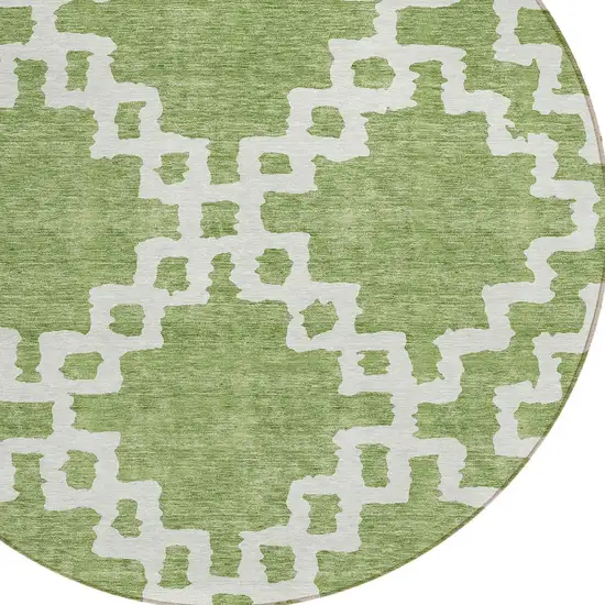 8' Artichoke Green And Ivory Round Geometric Washable Indoor Outdoor Area Rug Photo 4