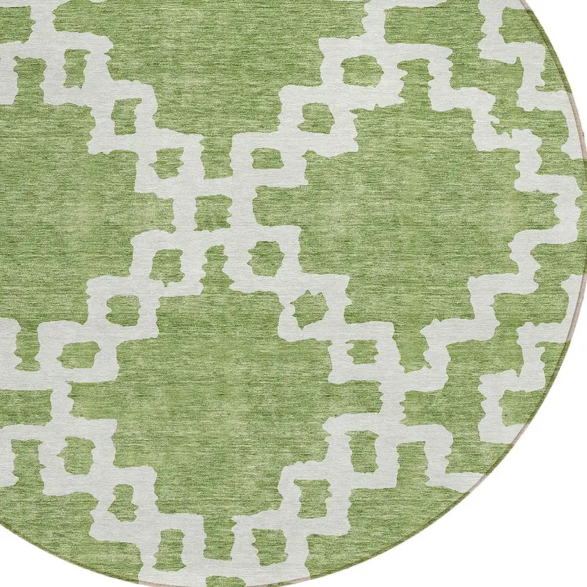 8' Artichoke Green And Ivory Round Geometric Washable Indoor Outdoor Area Rug Photo 4