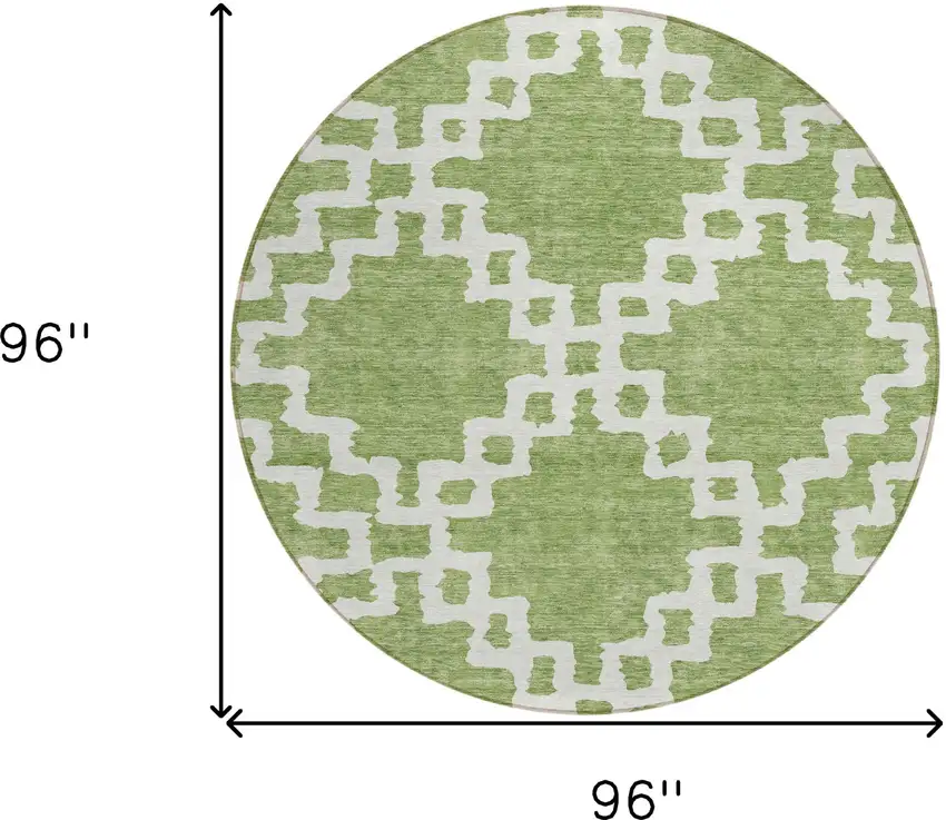 8' Artichoke Green And Ivory Round Geometric Washable Indoor Outdoor Area Rug Photo 3