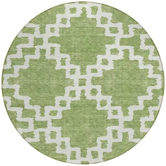 8' Artichoke Green And Ivory Round Geometric Washable Indoor Outdoor Area Rug Photo 5