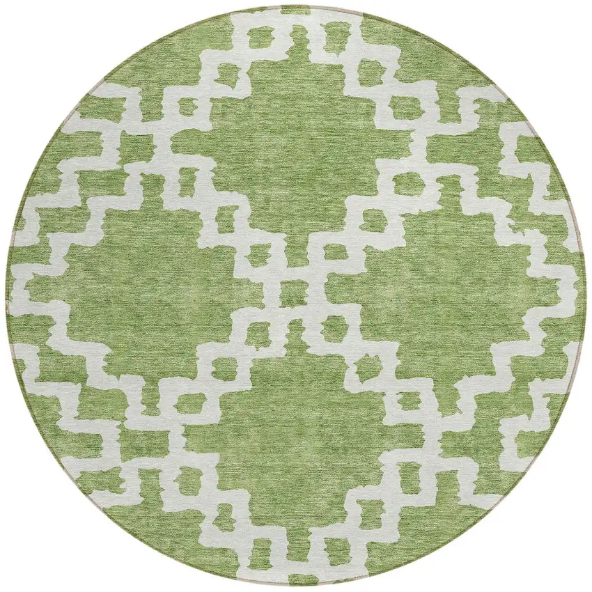 8' Artichoke Green And Ivory Round Geometric Washable Indoor Outdoor Area Rug Photo 5