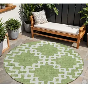 Photo of 8' Artichoke Green And Ivory Round Geometric Washable Indoor Outdoor Area Rug
