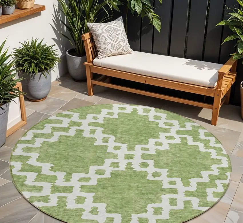 8' Artichoke Green And Ivory Round Geometric Washable Indoor Outdoor Area Rug Photo 1