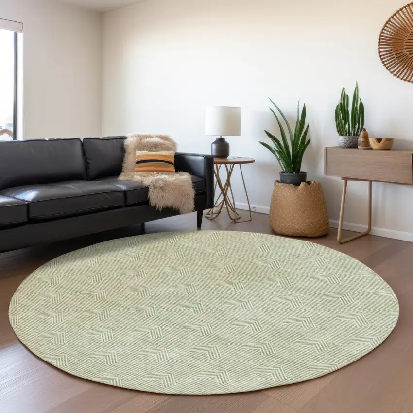 8' Artichoke Green And Ivory Round Geometric Washable Indoor Outdoor Area Rug Photo 7