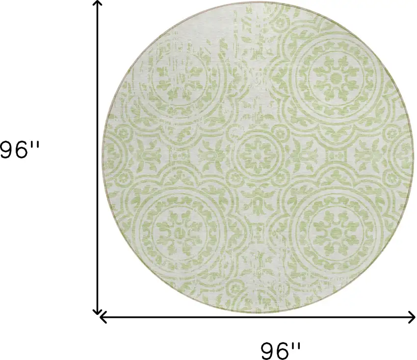 8' Artichoke Green And Ivory Round Medallion Washable Indoor Outdoor Area Rug Photo 7