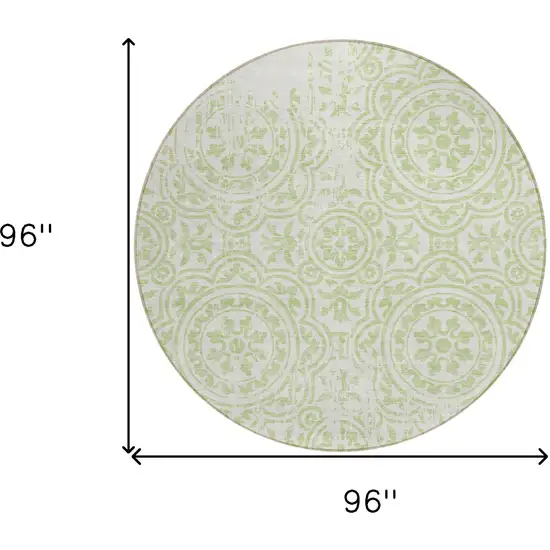 8' Artichoke Green And Ivory Round Medallion Washable Indoor Outdoor Area Rug Photo 7
