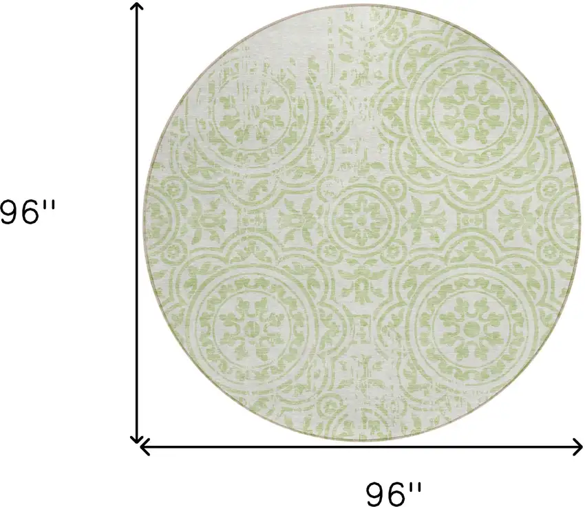 8' Artichoke Green And Ivory Round Medallion Washable Indoor Outdoor Area Rug Photo 7