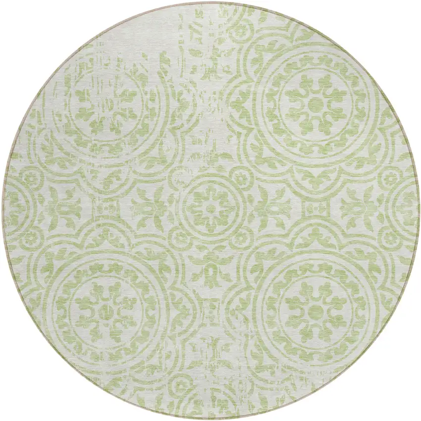 8' Artichoke Green And Ivory Round Medallion Washable Indoor Outdoor Area Rug Photo 1