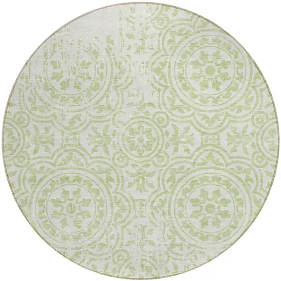 8' Artichoke Green And Ivory Round Medallion Washable Indoor Outdoor Area Rug Photo 1