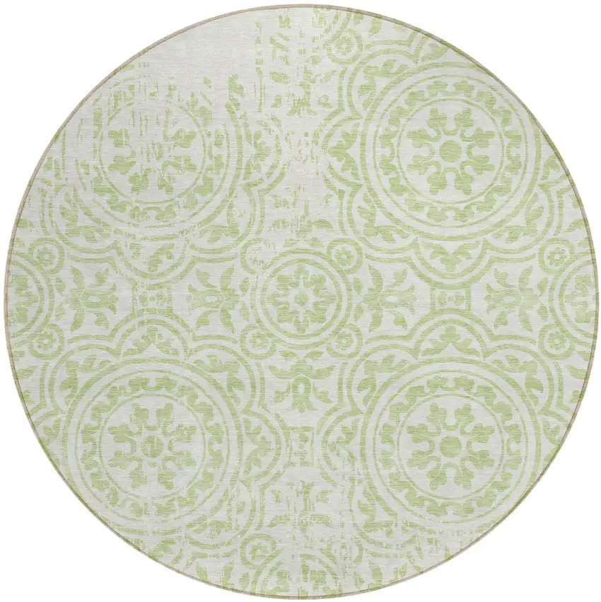 8' Artichoke Green And Ivory Round Medallion Washable Indoor Outdoor Area Rug Photo 1