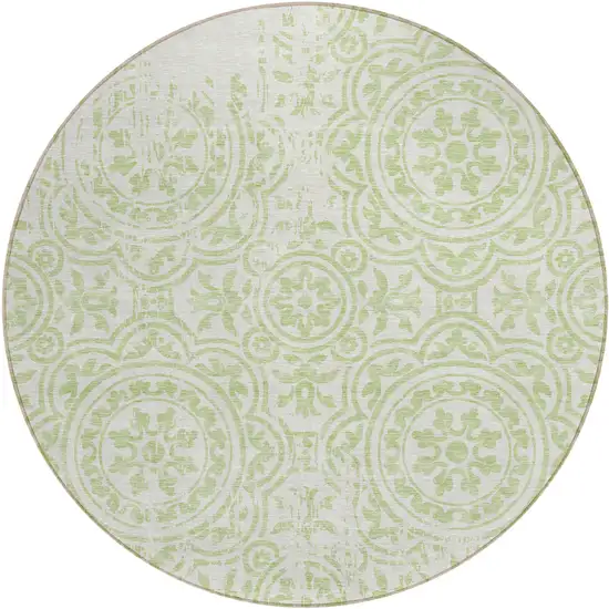 8' Artichoke Green And Ivory Round Medallion Washable Indoor Outdoor Area Rug Photo 1