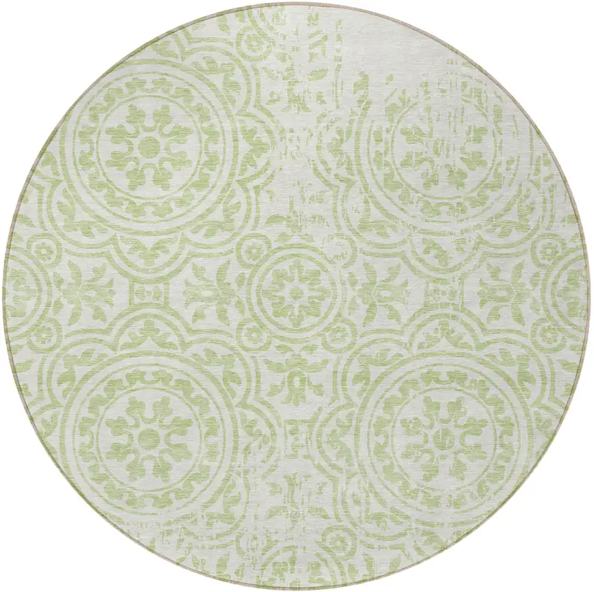 8' Artichoke Green And Ivory Round Medallion Washable Indoor Outdoor Area Rug Photo 4