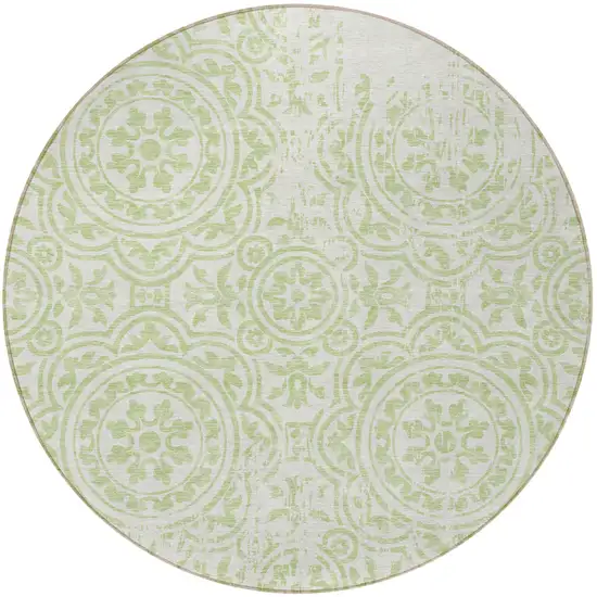 8' Artichoke Green And Ivory Round Medallion Washable Indoor Outdoor Area Rug Photo 4