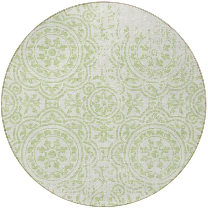 8' Artichoke Green And Ivory Round Medallion Washable Indoor Outdoor Area Rug Photo 4