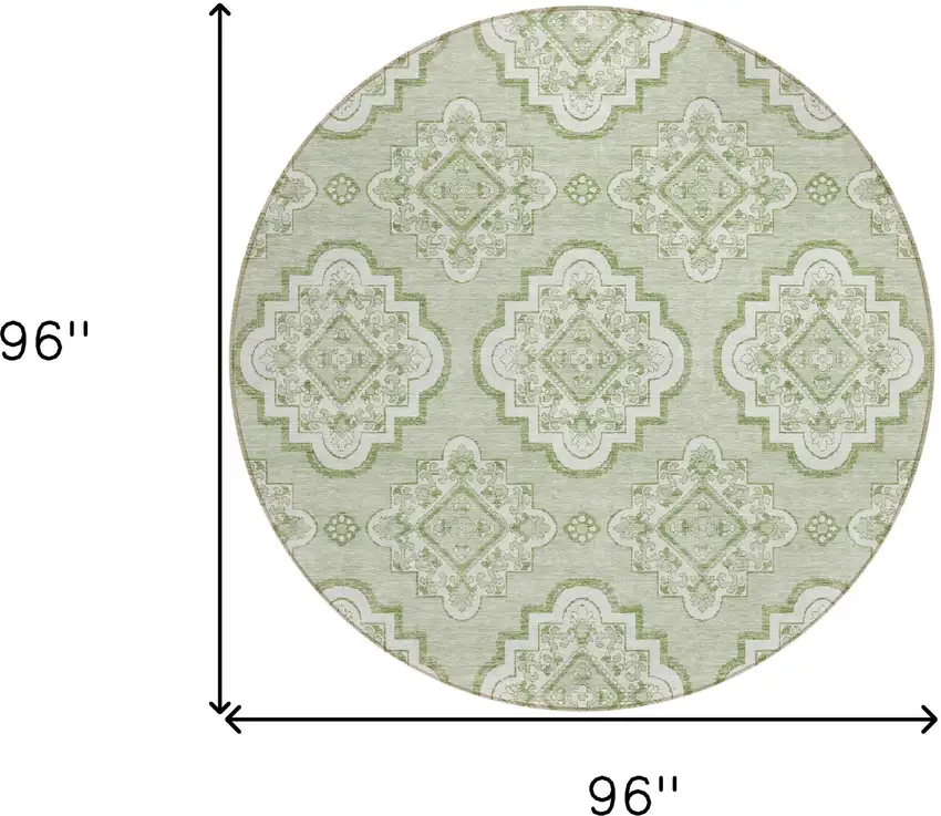 8' Artichoke Green And Ivory Round Medallion Washable Indoor Outdoor Area Rug Photo 3