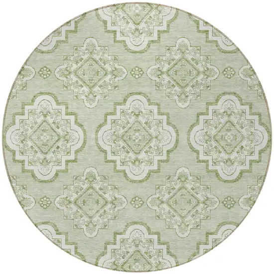 8' Artichoke Green And Ivory Round Medallion Washable Indoor Outdoor Area Rug Photo 4