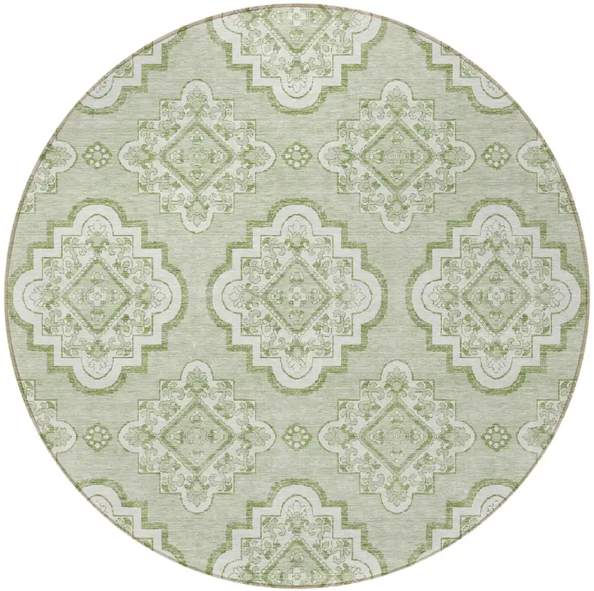 8' Artichoke Green And Ivory Round Medallion Washable Indoor Outdoor Area Rug Photo 4